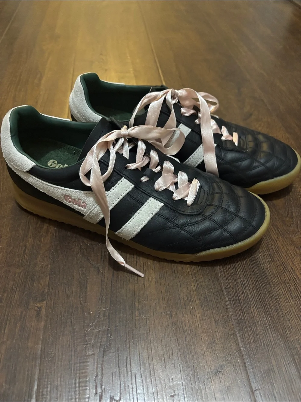 Gola x Anthropolgie Black Leather Sneakers with White Stripes &Pink Ribbon Laces